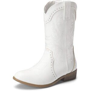 Kids Girls White Cowgirl Western Boots Mid Calf Horse Riding Booties Shoes